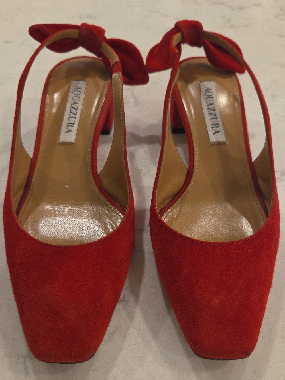 Aquazzura Red Suede Bow Slingback Pumps - Picture 1 of 6